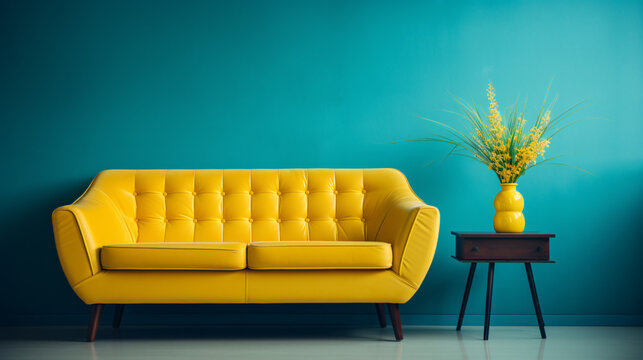 Modern yellow capitone Chesterfield style armchair in a minimalist and modern environment with a large blue wall, a coffee table next to it with a vase of flowers. Space for text. Copy space