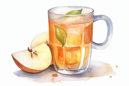 Watercolor Hot Apple Cider Mug on White Background. AI generated