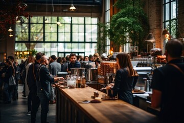 A bustling cafe with baristas serving coffee in a cozy atmosphere.