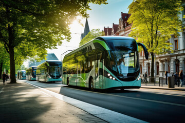 Obraz premium A bustling city with electric buses and trams promoting urban sustainability.