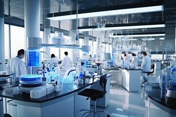 A high tech laboratory with scientists conducting experiments and research.