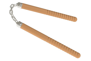 Nunchaku with wooden handles, 3D rendering isolated on transparent background