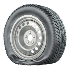 Punctured car wheel, 3D rendering isolated on transparent background