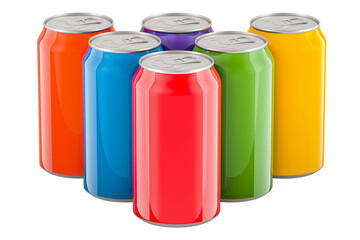 Colored drink metallic cans, 3D rendering isolated on transparent background