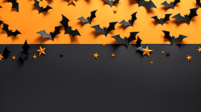 Halloween background with flying bats and stars on orange background.