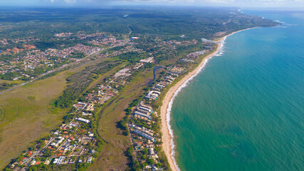 Aerial view of the coast of Itacimirim in Camaçari, Bahia, Brazil. North side. Sea ​​turtle breeding area. - obrazy, fototapety, plakaty