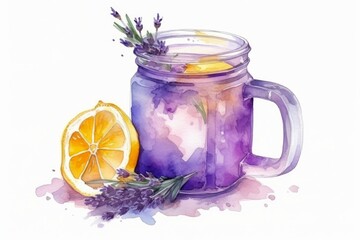 Obraz na płótnie Canvas Watercolor Hot Lavender Lemonade in a Mug on White Background. AI generated