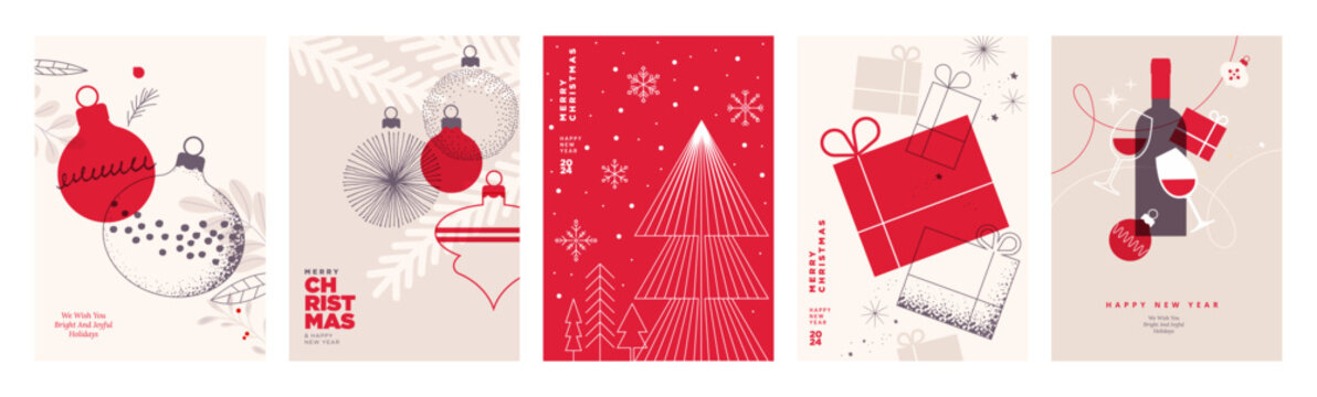 Merry Christmas and Happy New Year greeting card template. Vector illustrations for background, greeting card, party invitation card, website banner, social media banner, marketing material.