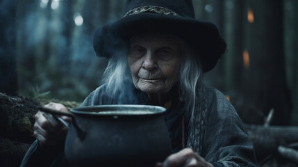 An old witch is brewing a potion. AI Generated - obrazy, fototapety, plakaty