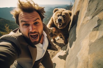 Man running away from scary bear in mountains - obrazy, fototapety, plakaty