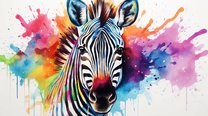 Fototapeta na wymiar Watercolor zebra head with color splashes on white background 