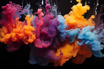 colorful inkdrop splash in water on black background