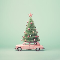 A retro pink car with a Christmas tree on the roof, against a mint green background.
