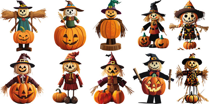 Conjunto de espantap&aacute;jaros con calabaza para la fiesta de Halloween y con fondo transparente 01