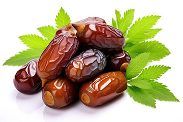 Ripe appetizing dates with green leaves on a white background