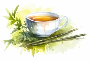Watercolor Oolong Tea Cup with Bamboo on White Background. AI generated - obrazy, fototapety, plakaty