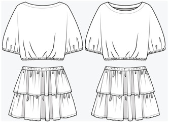 DOLMAN SLEEVES CROP TOP PAIRED WITH TIERED SKIRT DESIGNED FOR TEEN AND KID GIRLS IN VECTOR ILLUSTRATION - obrazy, fototapety, plakaty