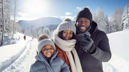 copy space, stockphoto, black family taking a selfie while walking in a winter landscape. Happy family with parents, boy, girl. Togetherness. Happy family walking outdoors during winter time.