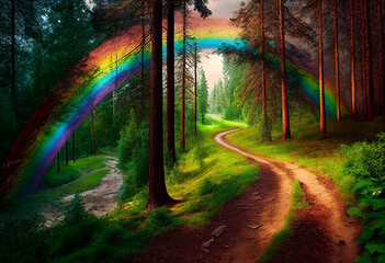 A bright rainbow in the forest. AI Generated