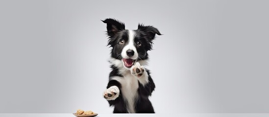 Tiny border collie puppy practicing paw tricks for a treat