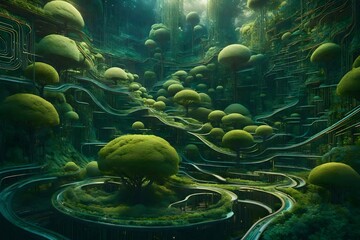 A cerebral landscape illustrating the interplay between genetics and environment - obrazy, fototapety, plakaty
