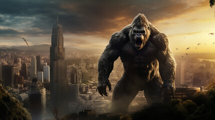 Huge gorilla will destroy the city created with generative AI technology - obrazy, fototapety, plakaty