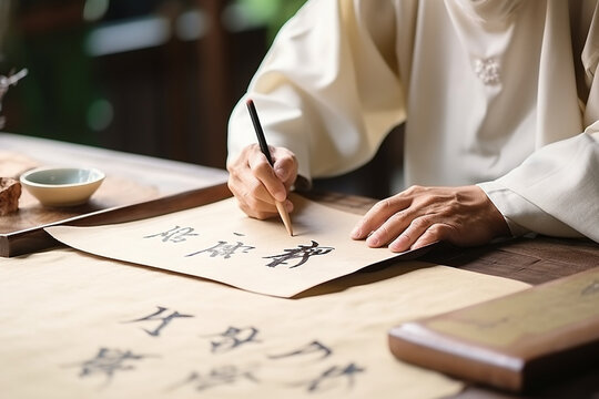 A calligraphy artist writing auspicious Chinese characters, love and creativity with copy space