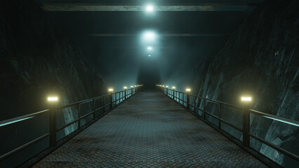Mysterious Atmospheric Tunnel With Bright Illumination And Old Anti-Slip Floor. Dark Scene Without People. Sci-Fi Style. Tomorrow Aesthetic For Templates. Fashion Render Design. 3D Illustration - 667838902