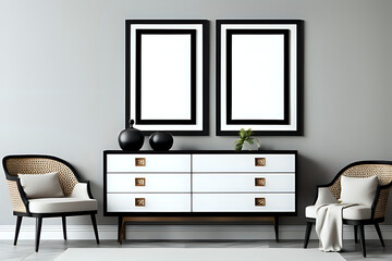 Two blank picture frame mockup in black white style home interior design. Living room, commode with luxury interior cabinet