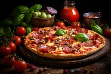 A delicious pizza topped with salami and tomatoes. Generative AI