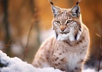 Naklejka na ściany i meble Lynx face walk winter. Winter wildlife Lynx in the snow, snowy forest in February. Close up Wildlife scene from nature, Slovakia. Winter wildlife in Europe.