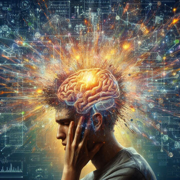 a head of a person overwhelmed by social media, information and data , too much information concept