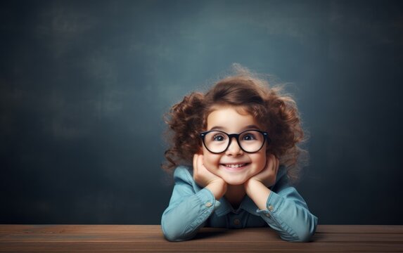 Portrait Of A Cute Little Kid Girl On A Blackboard Background, The Concept Of Education, Text Space