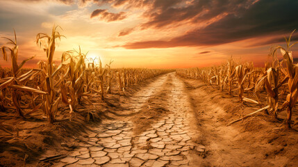 Dry and cracked corn field - obrazy, fototapety, plakaty