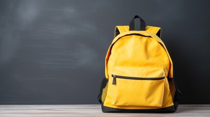 Yellow school backpack on blackboard background, text space