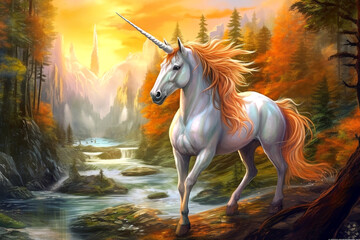 A silver-white unicorn with a red mane against the backdrop of an autumn mountain forest river at sunset