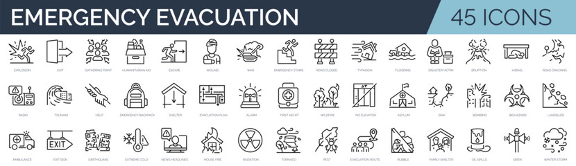 Set of 45 outline icons related to disasters, evacuation, emergencies. Linear icon collection. Editable stroke. Vector illustration - obrazy, fototapety, plakaty
