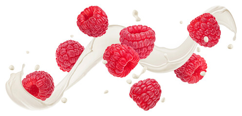 Raspberries with milk splash isolated on white background - obrazy, fototapety, plakaty