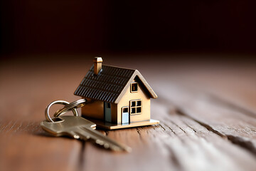 Home entrance key next to keychain in the shape of a house, real estate concept