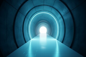 Futuristic blue tunnel with grungy reflective concrete and metal surfaces, showcasing empty space and glowing white stage. Generative AI
