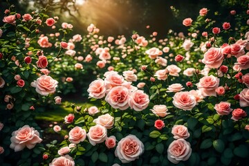 Obraz na płótnie Canvas A picturesque HD wallpaper showcasing a charming rose garden at the peak of spring, where every petal exudes romantic allure, and the garden's lush