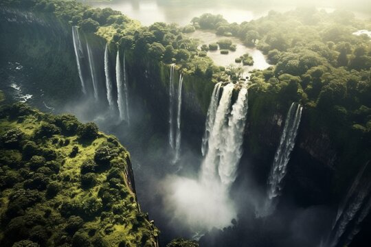 Stunning aerial waterfall morning view for your devices. Generative AI