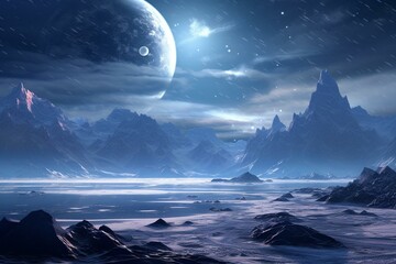 A snowy alien planet with mountains and a sky. Generative AI