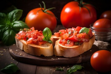 Delicious tomato bruschetta - a classic Italian snack. Perfect for breakfast. An artwork. Generative AI