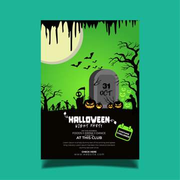 Halloween night background with pumpkin, haunted house and full moon. Flyer or invitation template for Halloween party. Vector illustration.