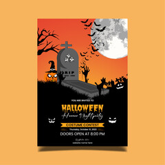 Halloween night background with pumpkin, haunted house and full moon. Flyer or invitation template for Halloween party. Vector illustration.