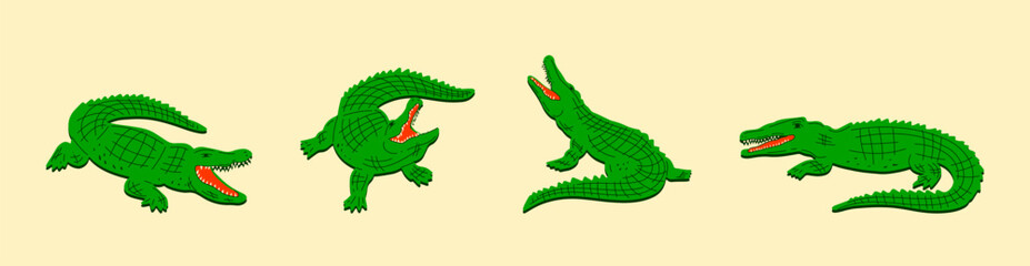 Set of crocodiles in flat style. Vector illustration of hand drawn alligators in retro style. Natural forms.