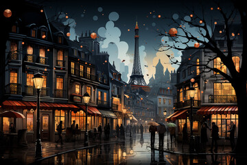 Painting of the city of Paris at night with the Eiffel Tower. - Powered by Adobe