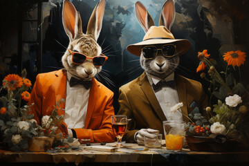 Funny art drawing of two rabbits with smokey glasses and coat and bow ties.
