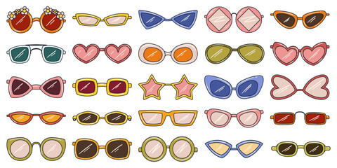 Set of different retro style, hippie sunglasses. Different shapes such a circle, heartshape, with flowers, star shape - obrazy, fototapety, plakaty